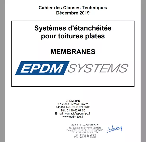 extrait de la couverture du cahier des clauses techniques EPDM SYSTEMS visé par Alpha Controle
