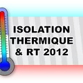 illustration isolation thermique et RT2012 avec un thermomètre et la schématisation d'un isolant entre une partie chaude en rouge et une partie froide en bleu.