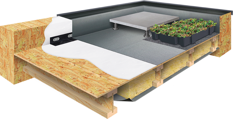 Schéma technique EPDM Systems - Toiture Froide : support bois, colle acrylique, étanchéité EPDM, finitions rives laquée RAL 7016 ; facultatif : dalles sur plots ou végétalisation cassettes SedumPack®.