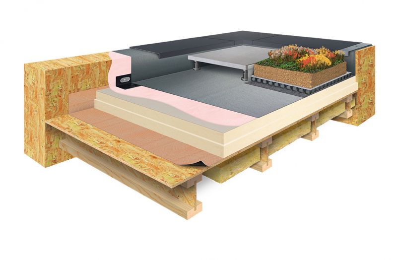 Schéma technique Epdm Systems - Toiture Chaude support bois : pare-vapeur adhésif, isolant PIR EPDM parement voile de verre, colle acrylique, membrane EPDM, finitions couvertines ; facultatif : dalles sur plots ou toiture végétale.