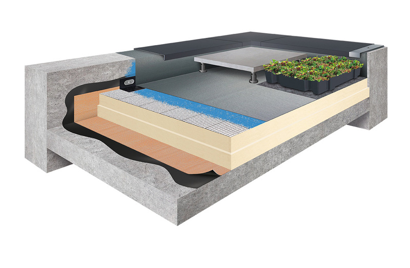 Schéma technique Epdm Systems - Toiture Chaude support béton : primaire, pare-vapeur adhésif, isolant PIR parement aluminium, colle pulvérisable, membrane EPDM, finitions couvertines ; facultatif : dalles sur plots ou végétalisation cassettes SedumPack®.