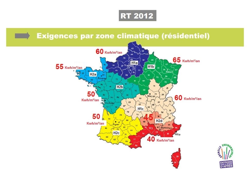 carte de France des exigences d'isolation par zone climatique, référence RT 2012
