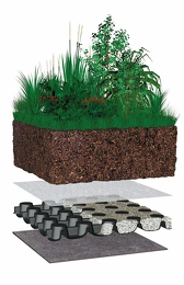 schéma du système de végétalisation intensif avec géotextile, plaque de drain de 60mm, feutre filtrant, plus de 20cm d'épaisseur de substrat et végétaux variés.