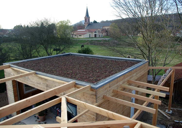 chantier d'un garage en ossature bois avec une toiture plate végétalisée, le substrat est très visible. à l'arrière plan un champ et un village avec une église.
